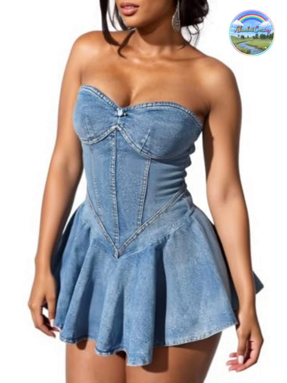 Women's Strapless Denim Mini Dress Corset A Line Jean Bodycon